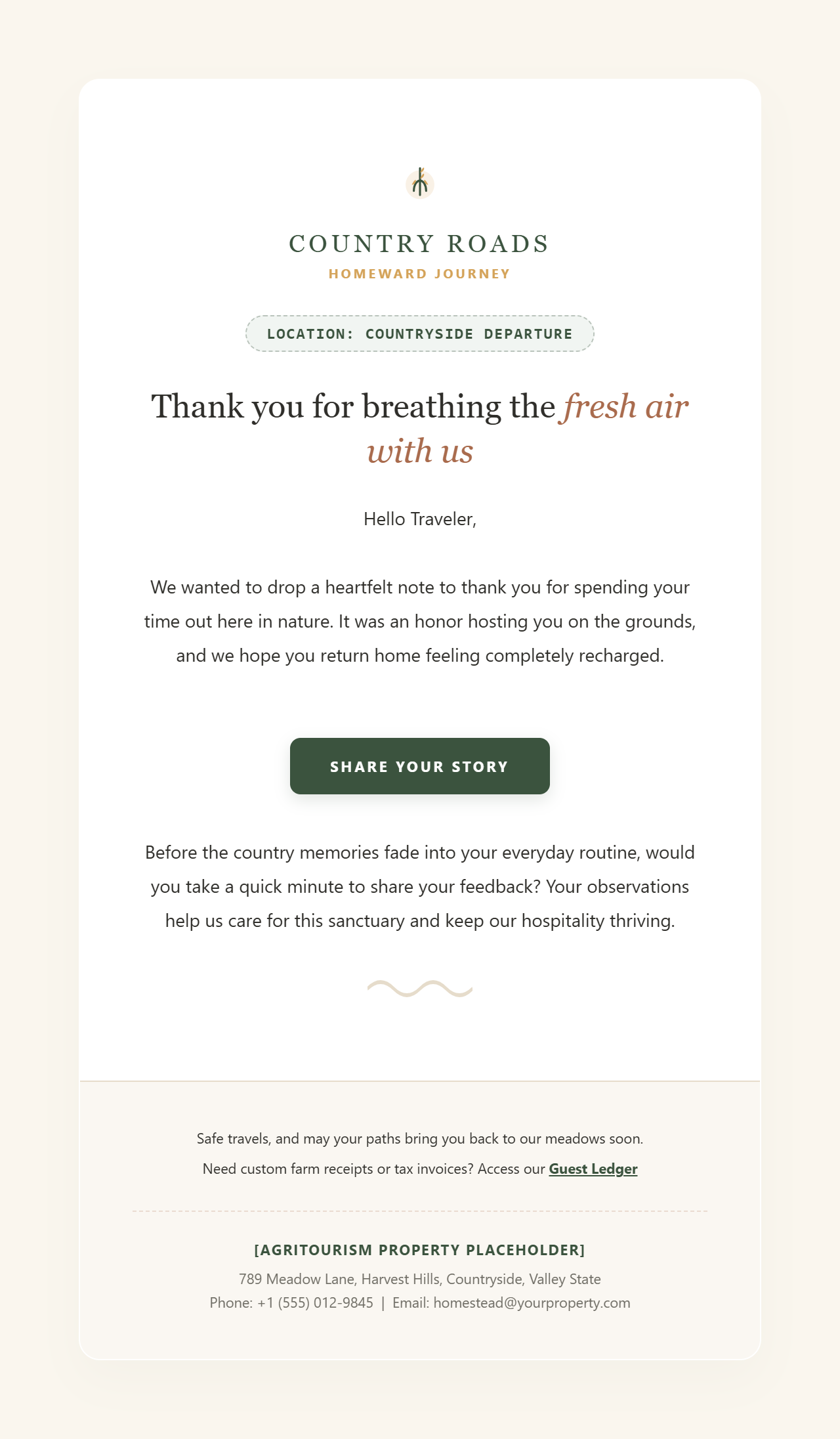 Golden Oats & Forest Moss – Rustic Retreat Farewell — hotel booking confirmation HTML email template preview