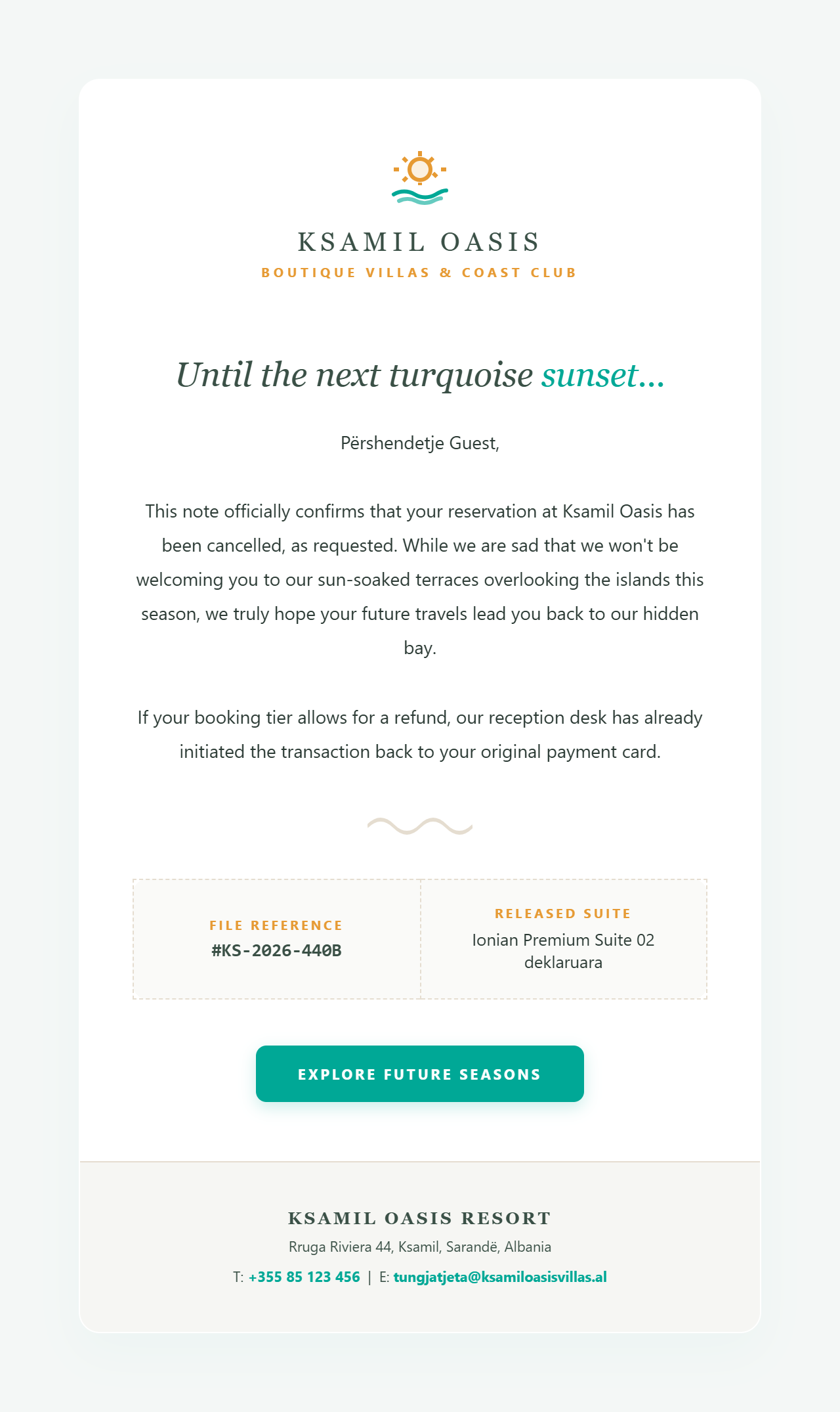 Albanian Riviera — hotel booking confirmation HTML email template preview
