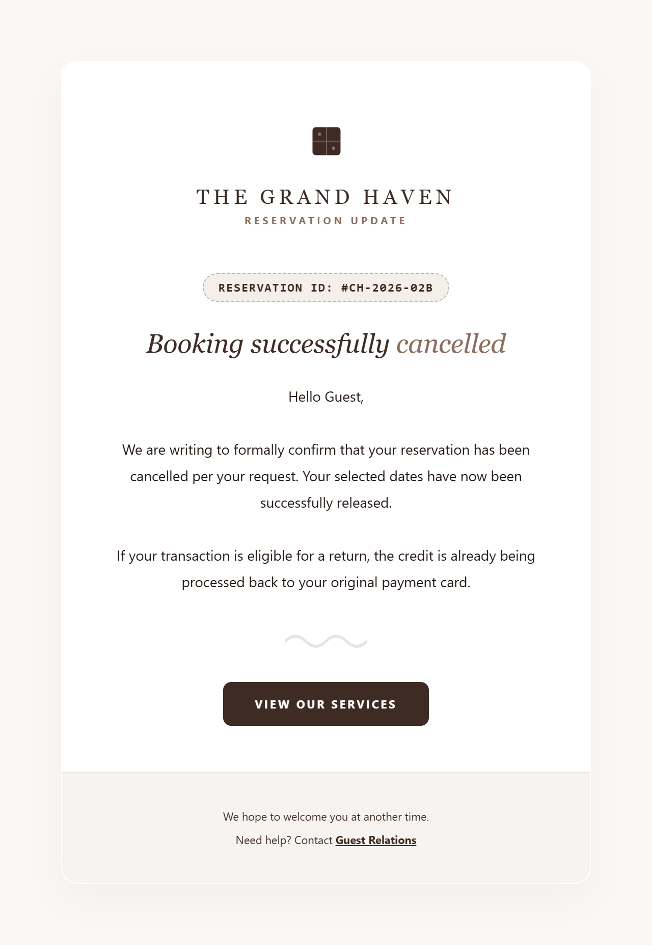 The Dark Cocoa & Velvet Ganache — hotel booking confirmation HTML email template preview