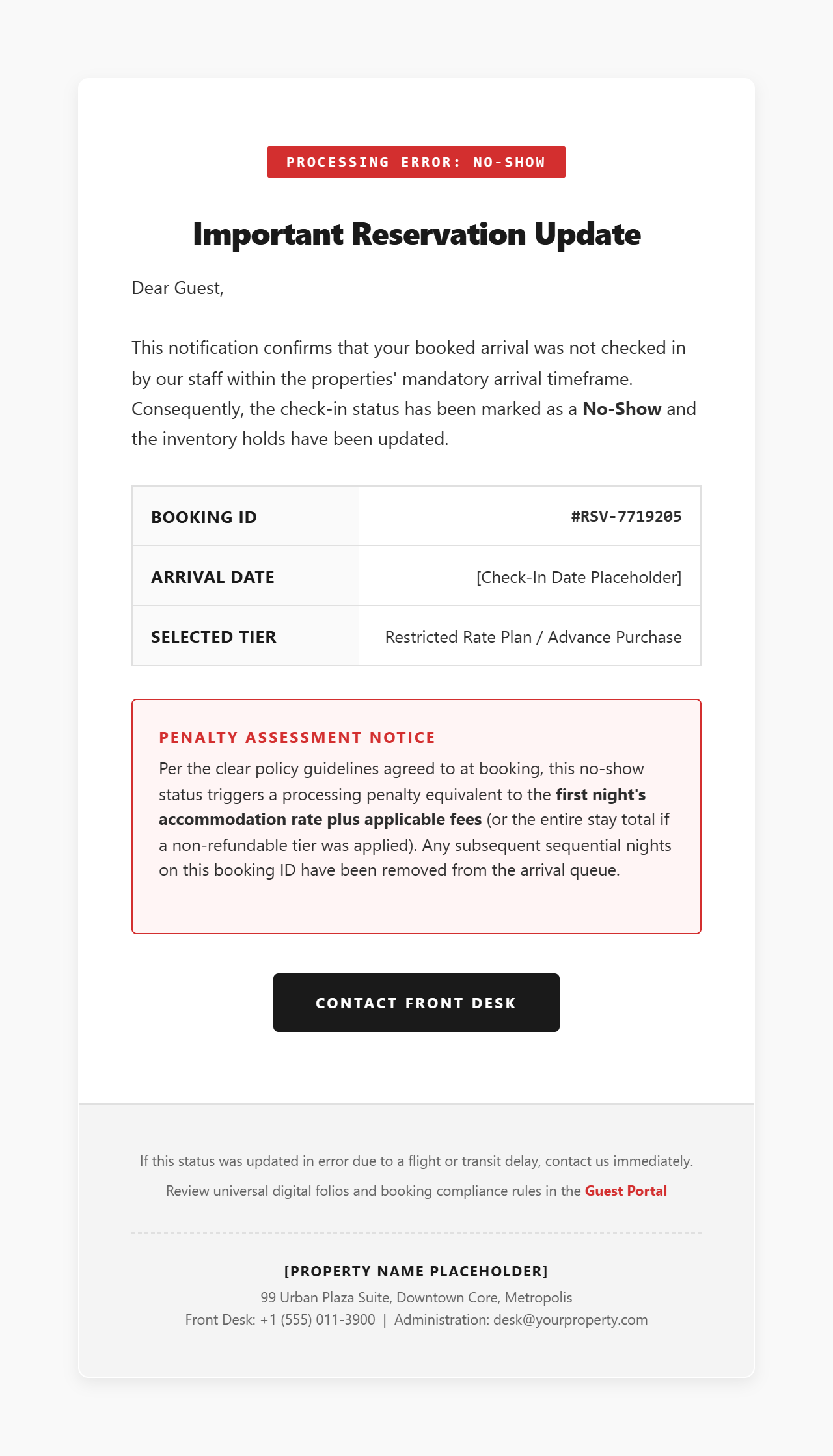 Crimson & Charcoal – High-Contrast Enforcement — hotel booking confirmation HTML email template preview