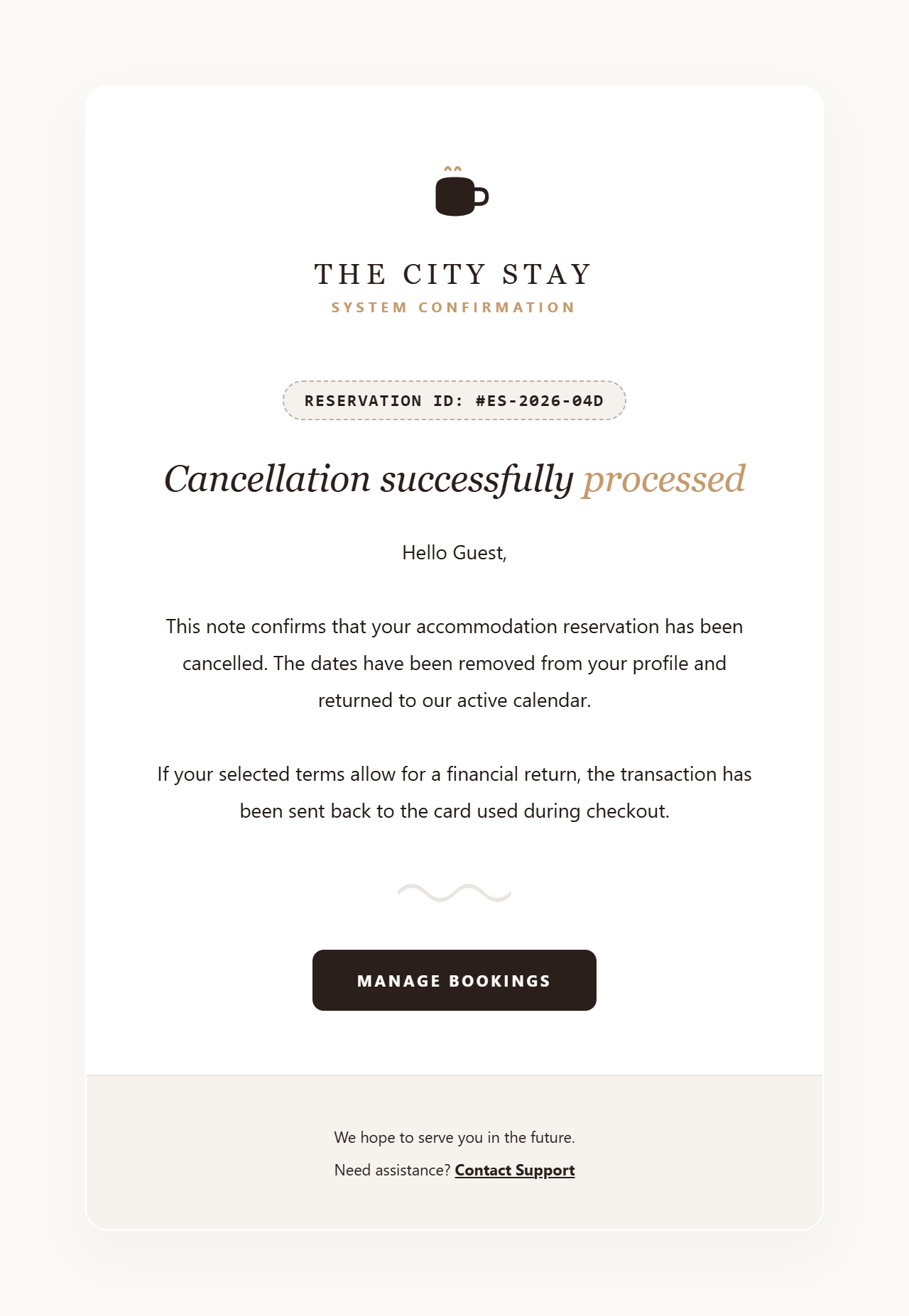 The Rich Espresso & Crema Tint — hotel booking confirmation HTML email template preview