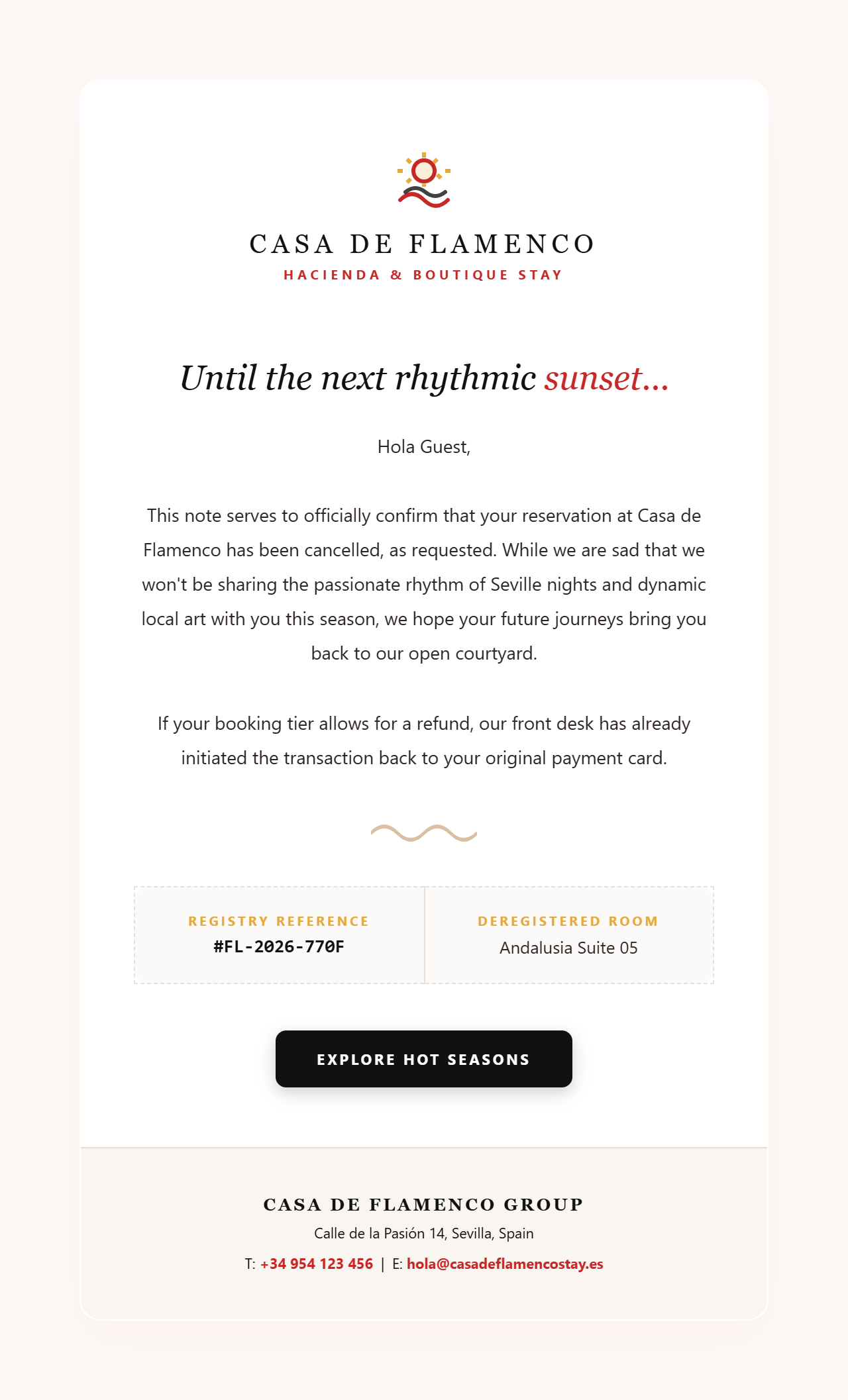 Flamenco Passion — hotel booking confirmation HTML email template preview