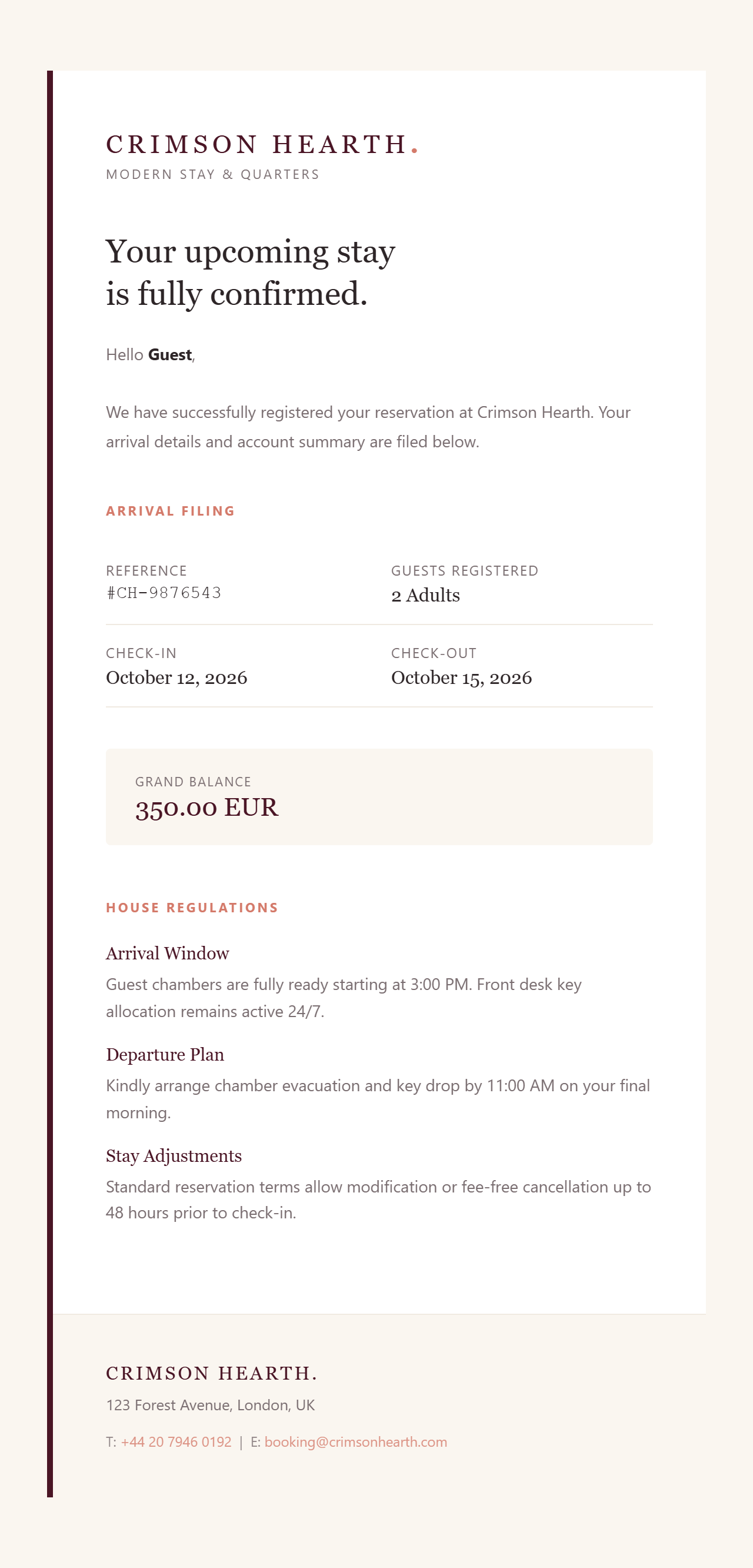 Crimson Hearth Booking Confirmation