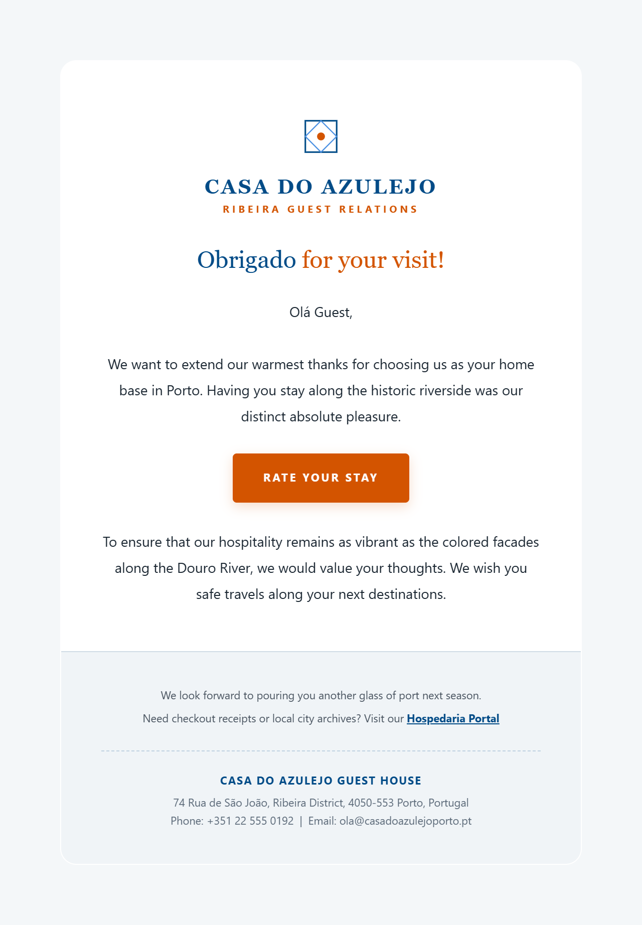 Portuguese Porto Colors (Azulejo Tile) — hotel booking confirmation HTML email template preview