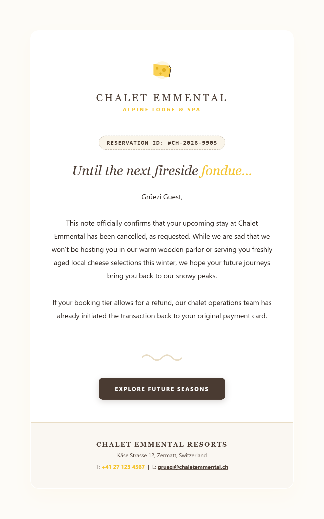 Swiss Alpine Cheese — hotel booking confirmation HTML email template preview