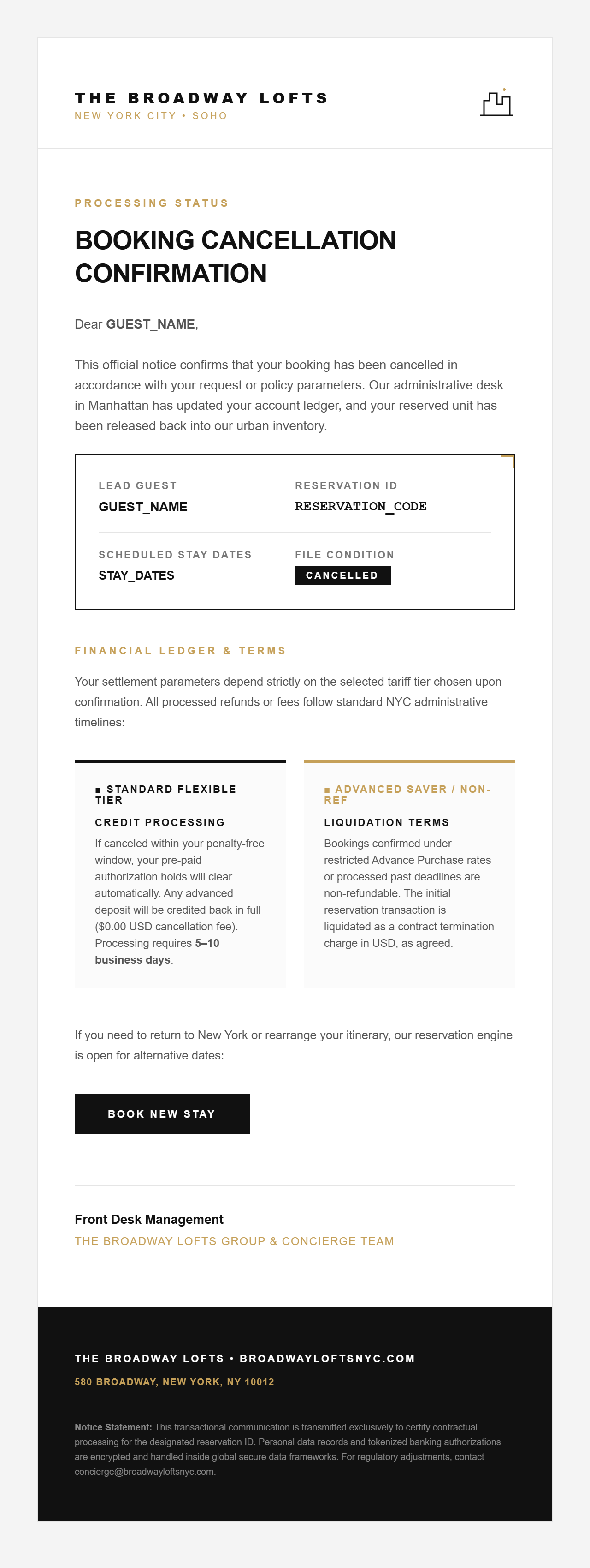 New York Loft Style — hotel booking confirmation HTML email template preview