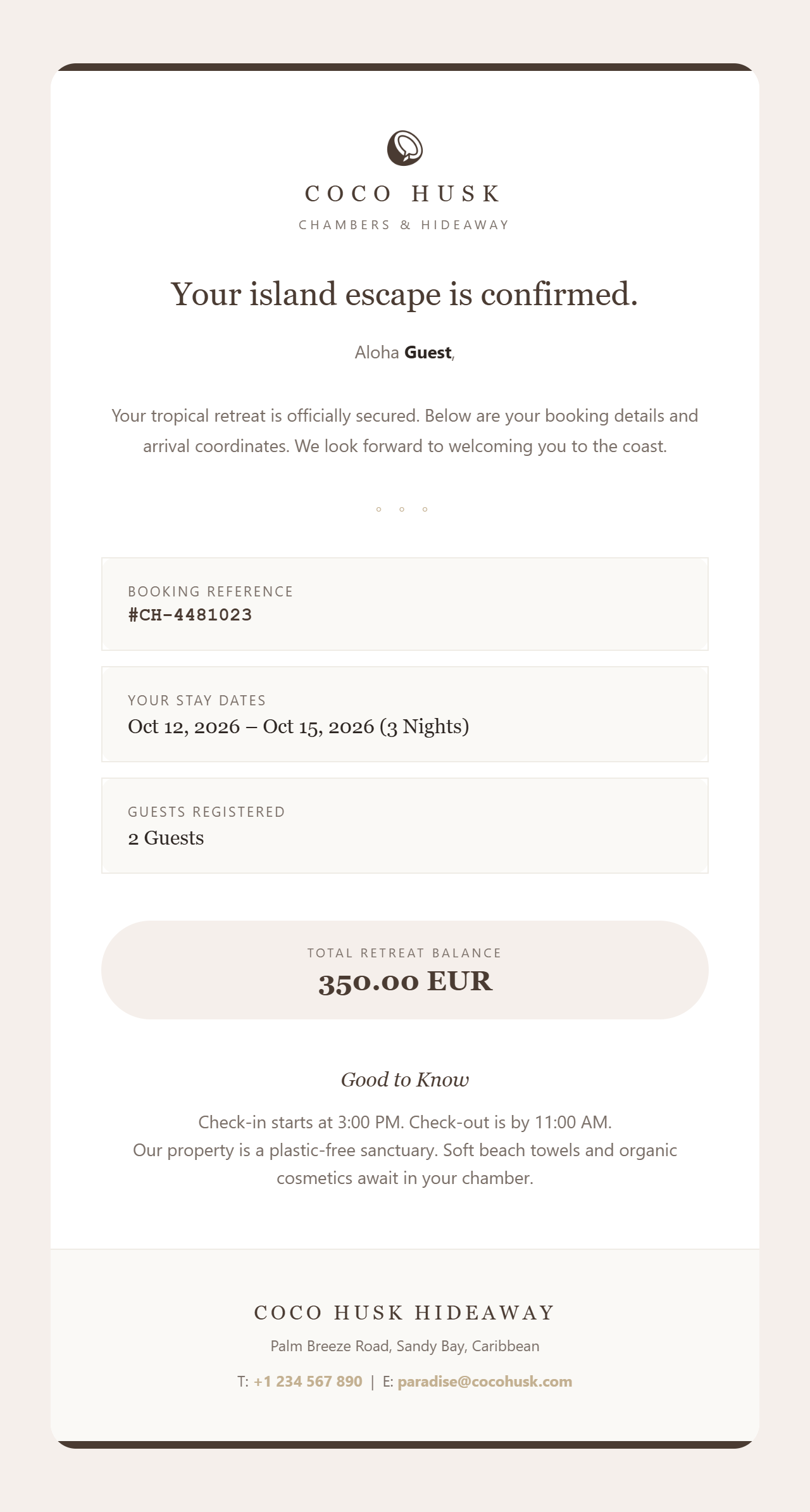 Coco Husk Booking Confirmation