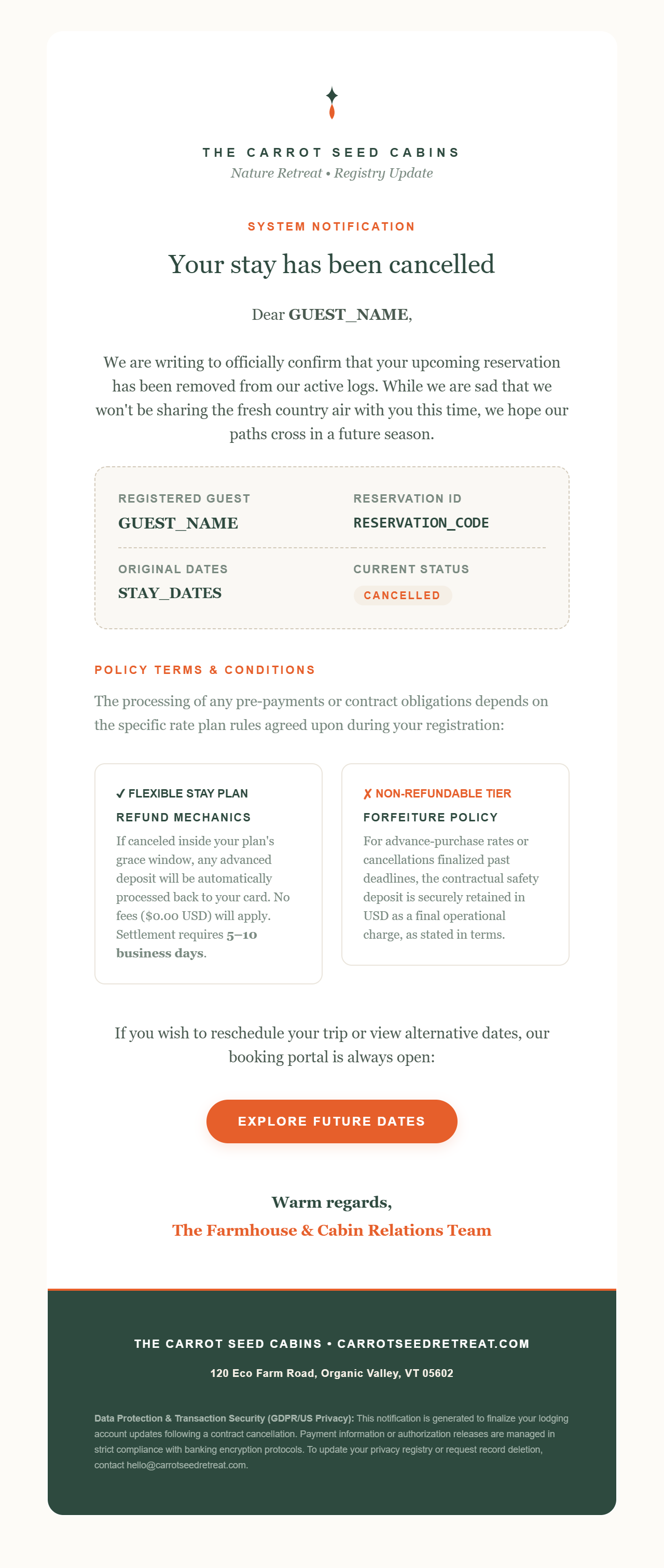 Carrot & Earthy Eco — hotel booking confirmation HTML email template preview