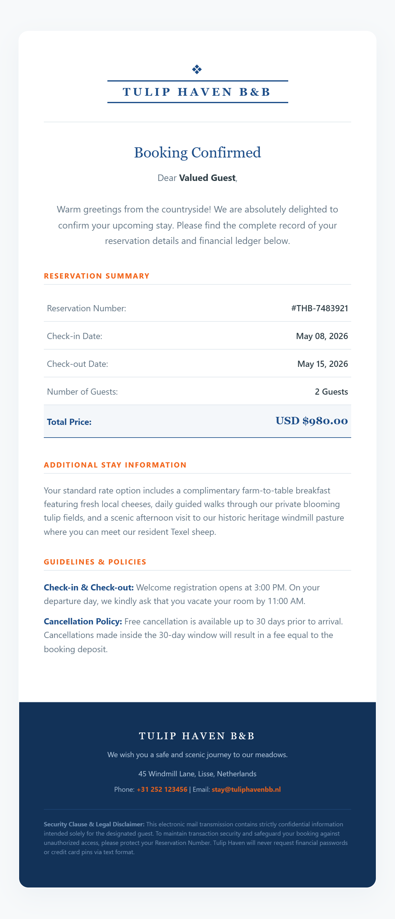 Tulip Haven — hotel booking confirmation HTML email template preview
