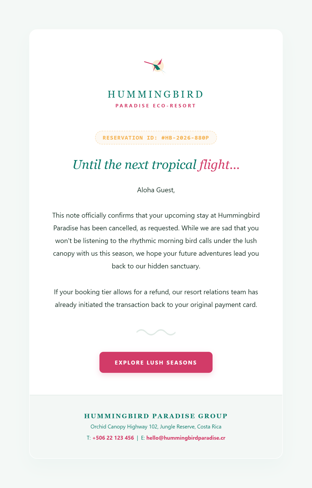 Hummingbird Paradise — hotel booking confirmation HTML email template preview